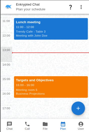Plan tab with daily schedule and events