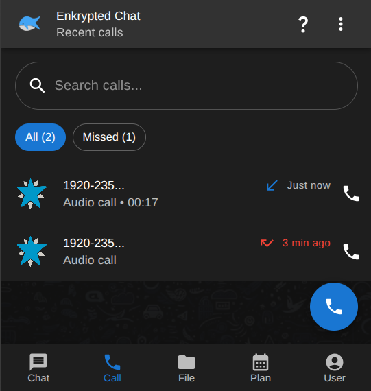 Recent calls list with search and filters