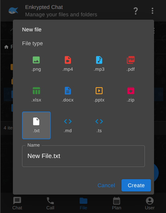 New file dialog with file type options